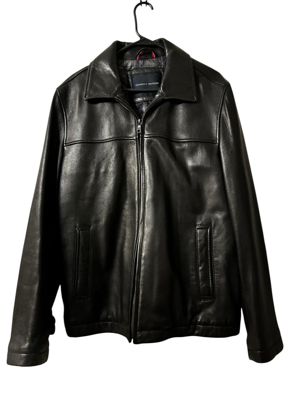 Tommy Hilfiger Black Leather Zip-Front Bomber Jacket size Medium